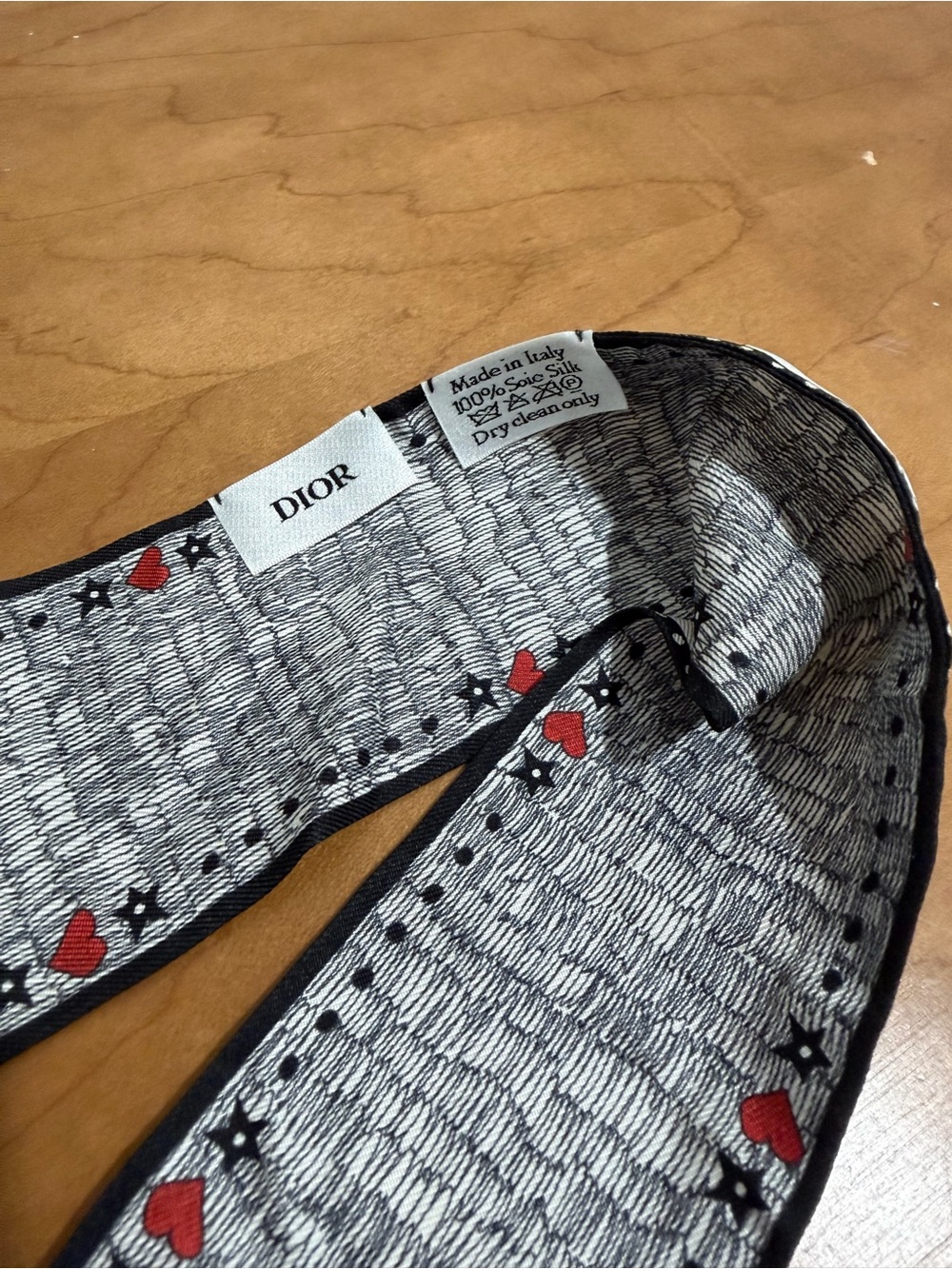 Authentic DIOR Silk Scarf Twilly with Red Heart & Star Motif